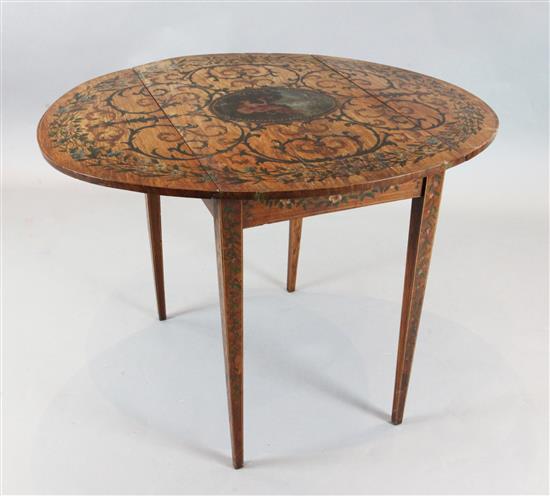 An Edwardian Sheraton Revival painted satinwood Pembroke table, W.2ft 9in. D.1ft 9in. H.2ft 6in.